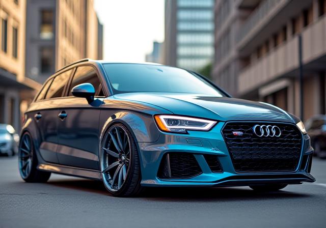 Audi RS3 con suspensión baja deportiva y rines de diseño personalizado, en un entorno urbano.