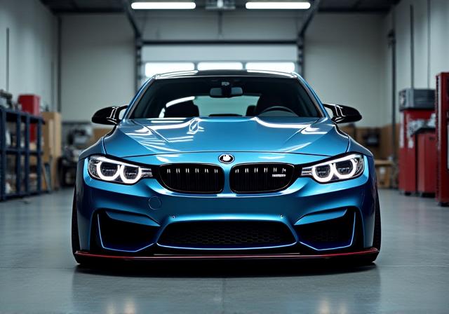 BMW M3 con kit de carrocería ancho y suspensión deportiva, estacionado en un taller iluminado.