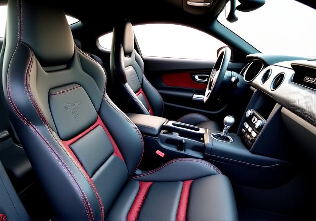 Interior deportivo y personalizado de un Ford Mustang, con asientos racing y consola de fibra de carbono.