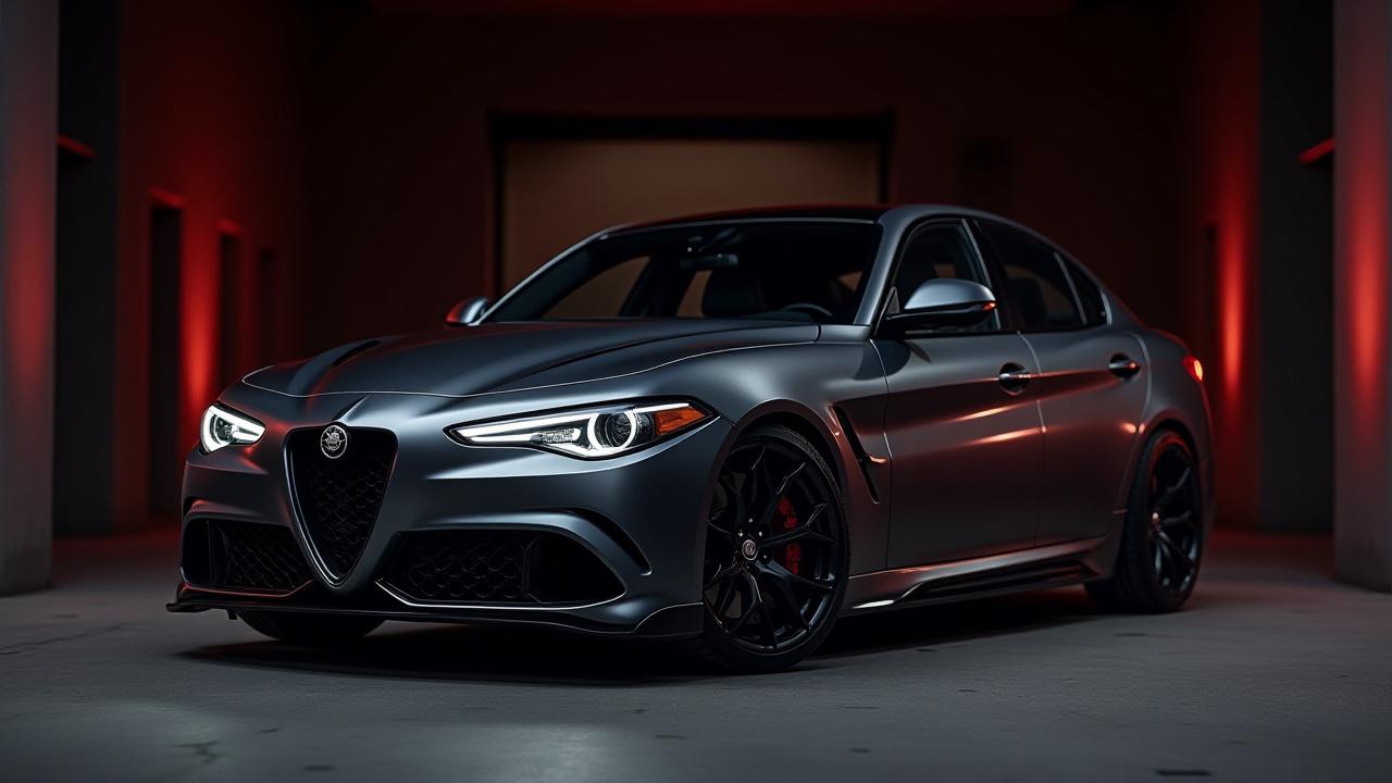 Alfa Romeo Giulia Quadrifoglio personalizzata con cerchi scuri e assetto ribassato