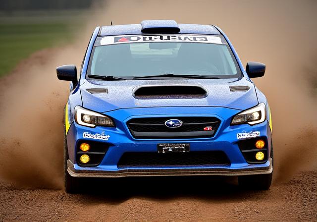 Subaru WRX STI con modificaciones estilo rally, incluyendo faldones y tomas de aire, manchado de barro.